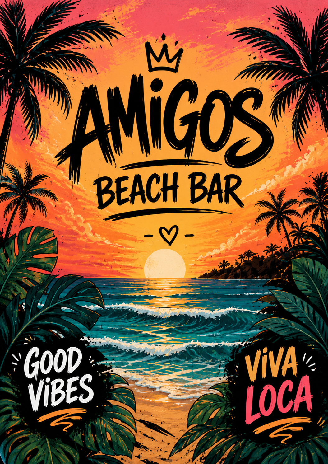 Мурал на Amigos Beach Bar с палми, залез, море и надпис Viva Loca